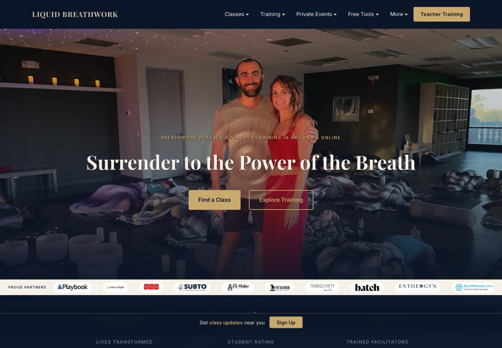 The current liquidbreathwork.com homepage, a clean photo-led design with a clear headline
