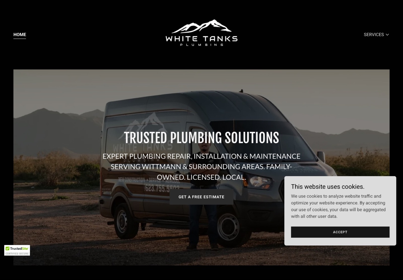 White Tank Plumbing's old GoDaddy Website Builder site, generic hero and duplicated navigation